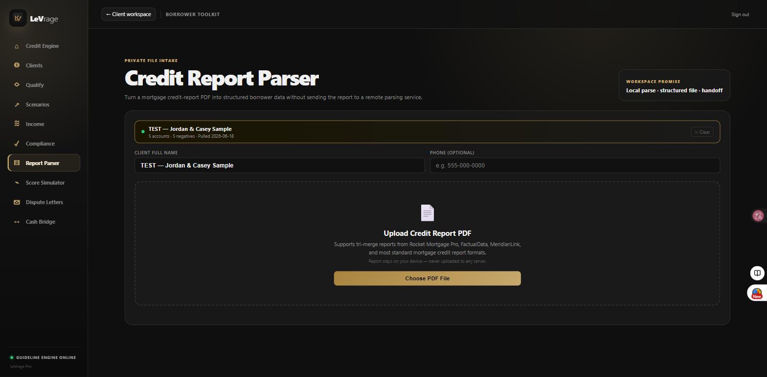 LeVrage Credit Report Parser — local parse, structured file, handoff