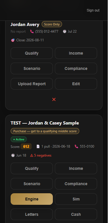 LeVrage client roster on mobile — one client, one thread, every tool a tap away