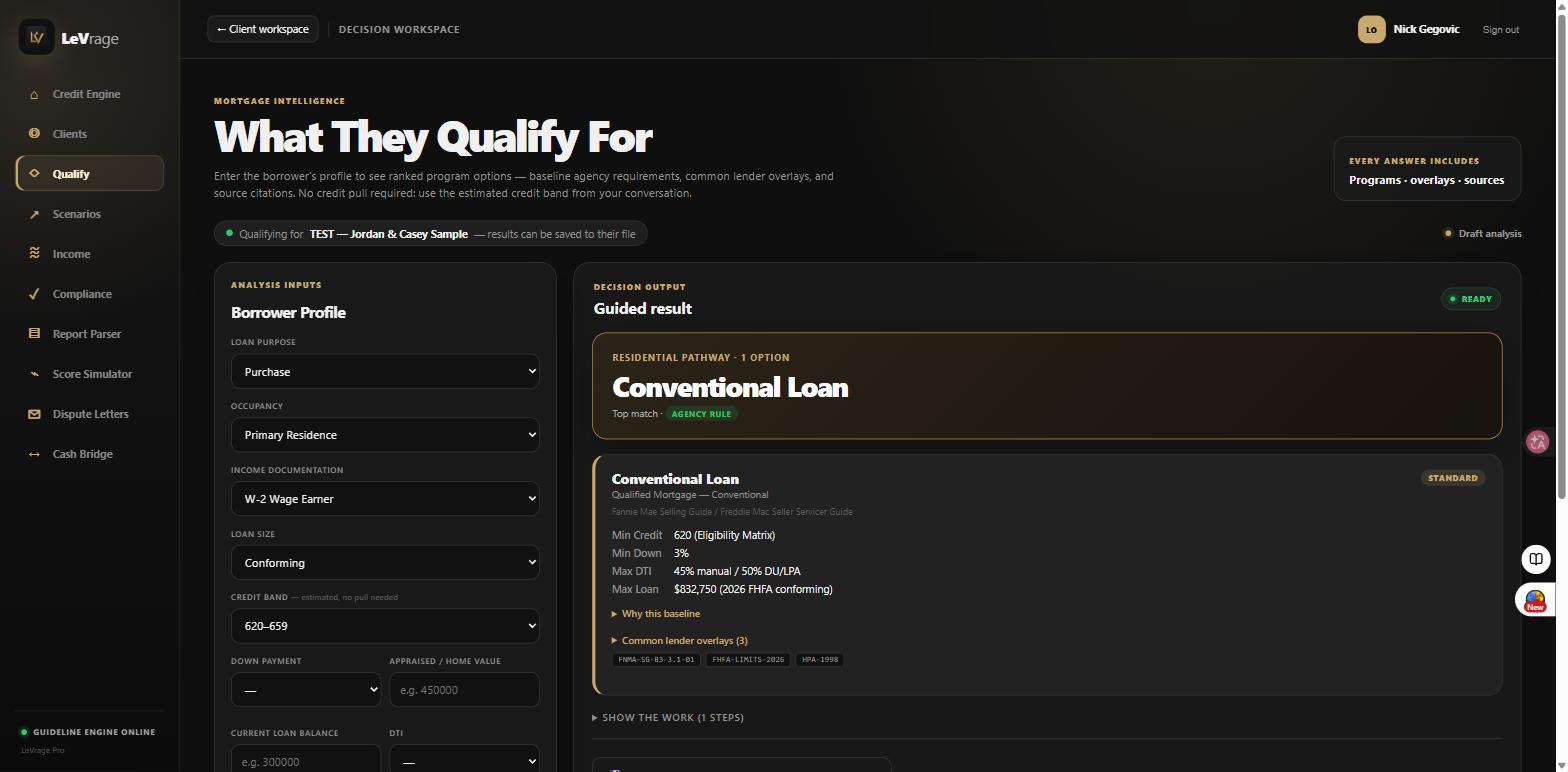 LeVrage Qualify — ranked programs with agency baselines and source citations